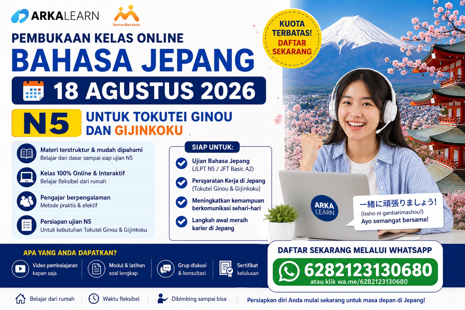 Pembukaan Kelas Online Bahasa Jepang N5 18 Agustus 2026 untuk Tokutei Ginou & Gijinkoku